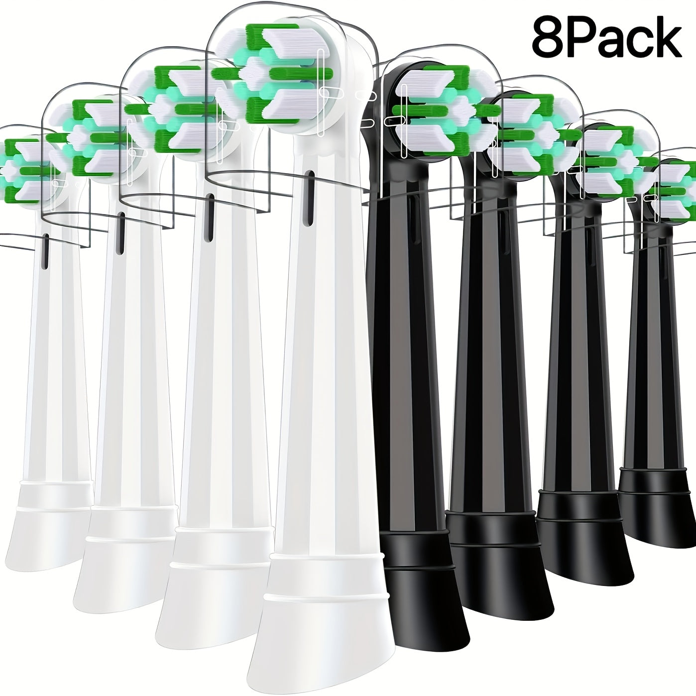 Pack of 8 White Green Electric Toothbrush Replacement Heads High-Density Bristles