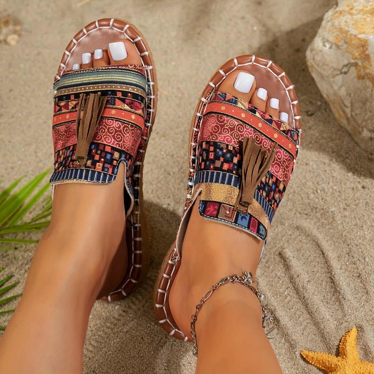 Women's Bohemian Fringe Sandals Colorful Striped Open Toe Beach Shoes