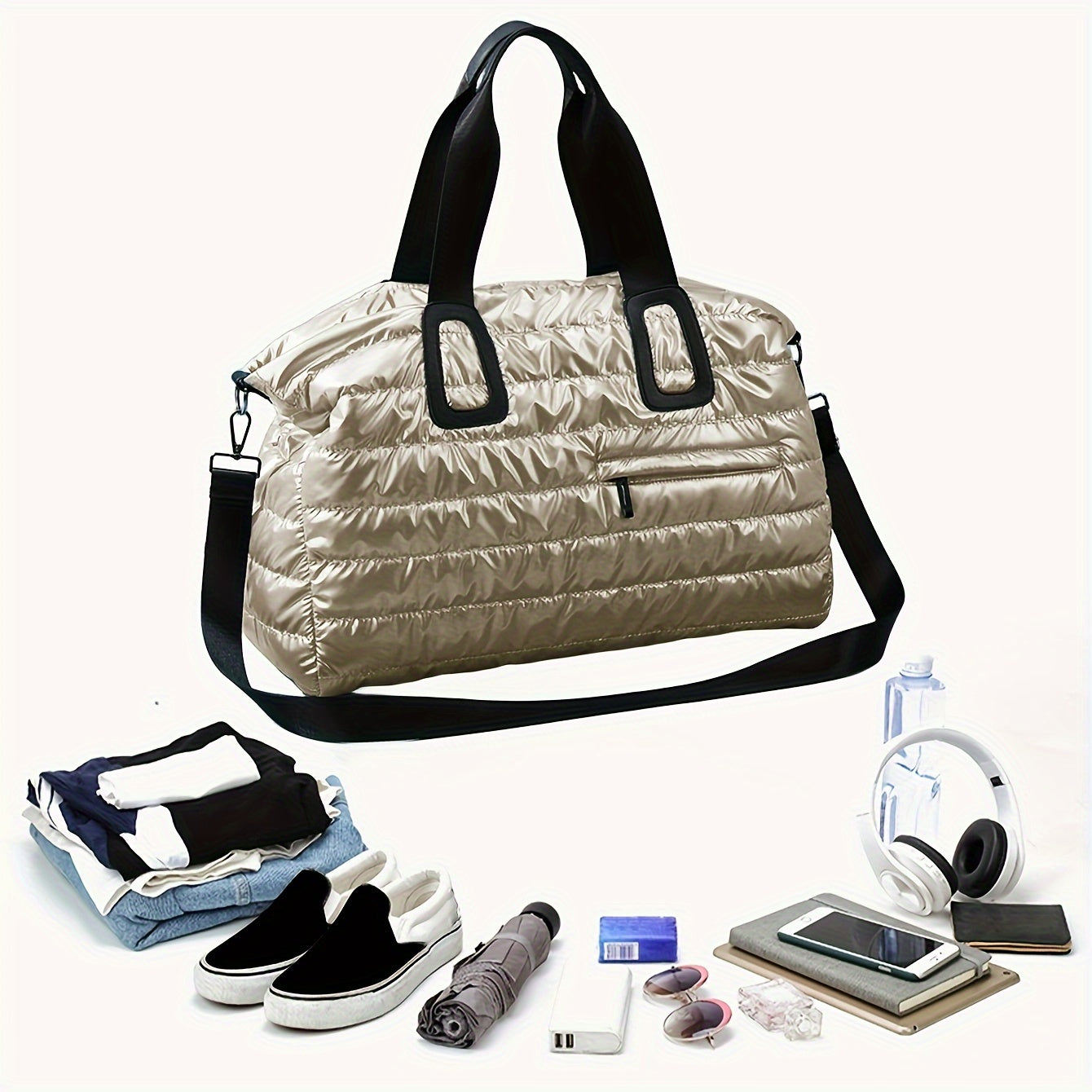 Down Quilted Travel Bags with Zipper, Lightweight Sports and Fitness Duffel Bags in Black White Blue
