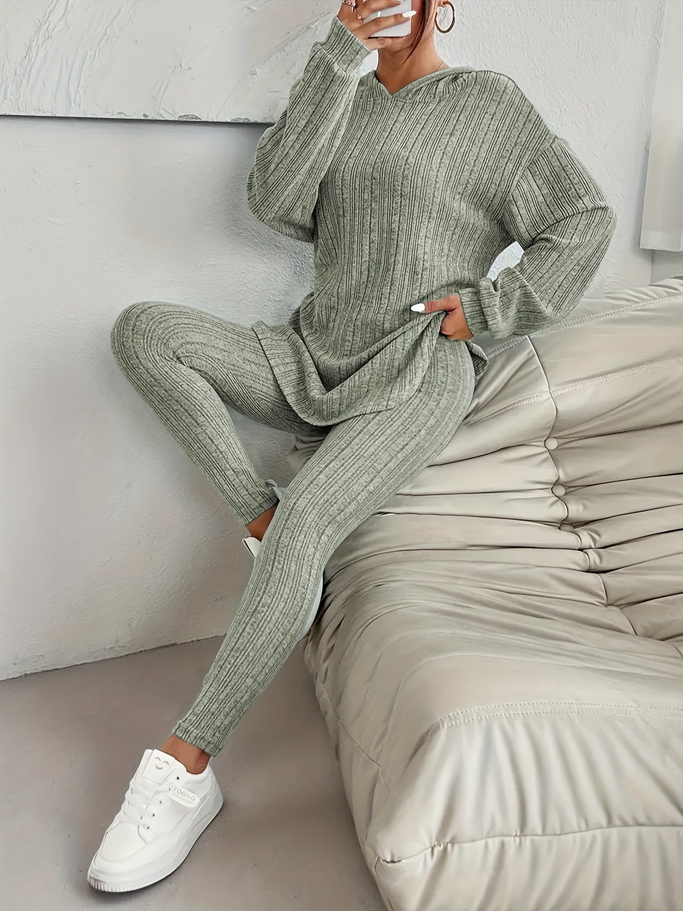 Women's Cozy Ribbed Fleece Lounge Set Hoodie and Leggings Fall Winter Polyester Blend