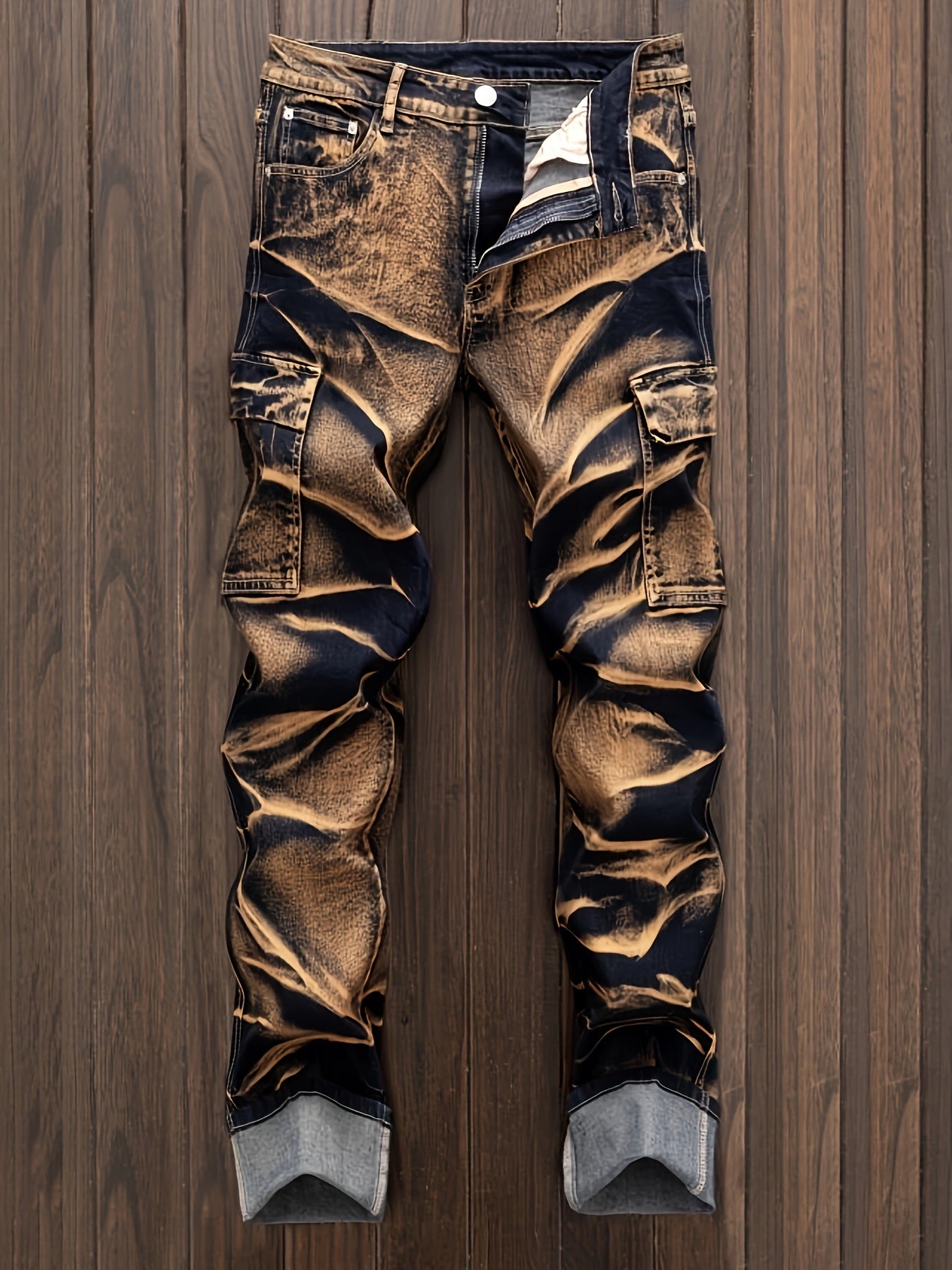 Men's Vintage Washed Denim Cargo Pants Regular Fit Striped Heavyweight Fabric Plus Size