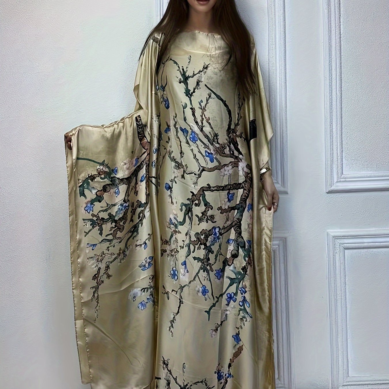 Women's Floral Print Maxi Dress with Batwing Sleeves for Spring Summer