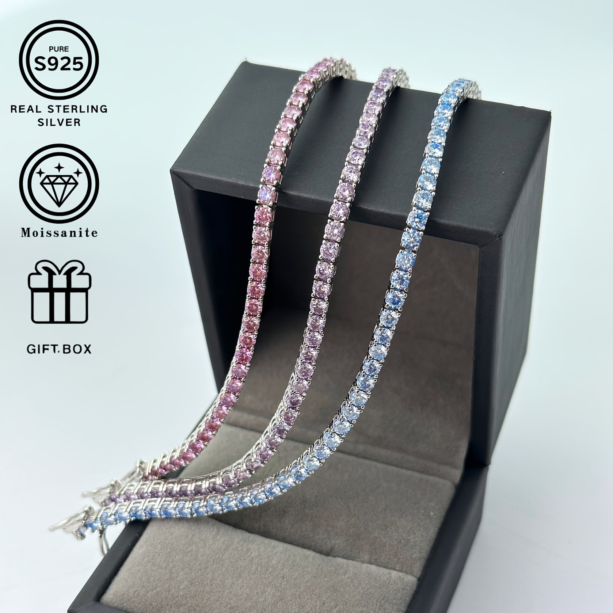 Silver Tennis Bracelet for Women Men Moissanite Pink Purple Blue Jewelry Gift