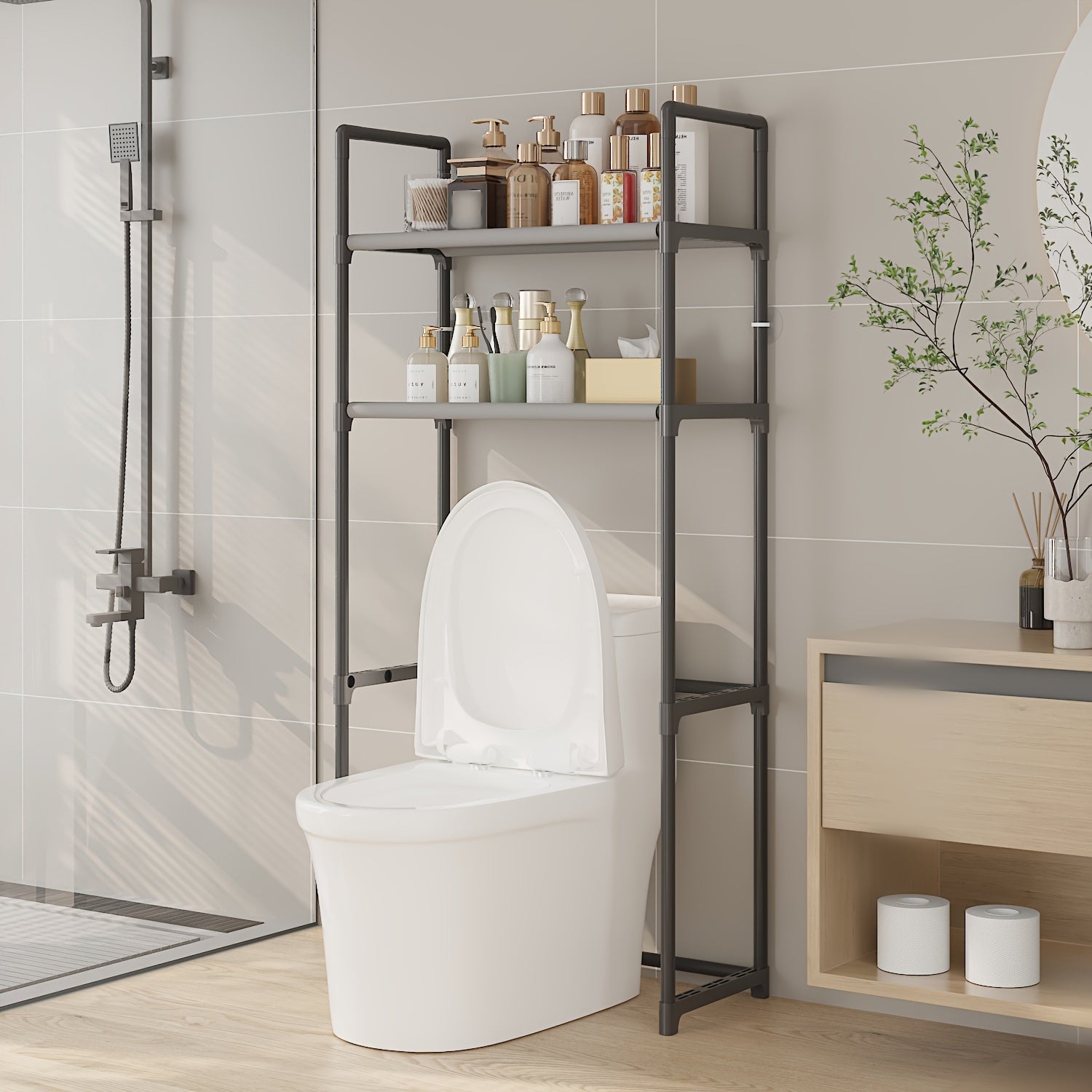 Black Metal Plastic Over-the-Toilet Bathroom Storage Organizer with Adjustable Shelves