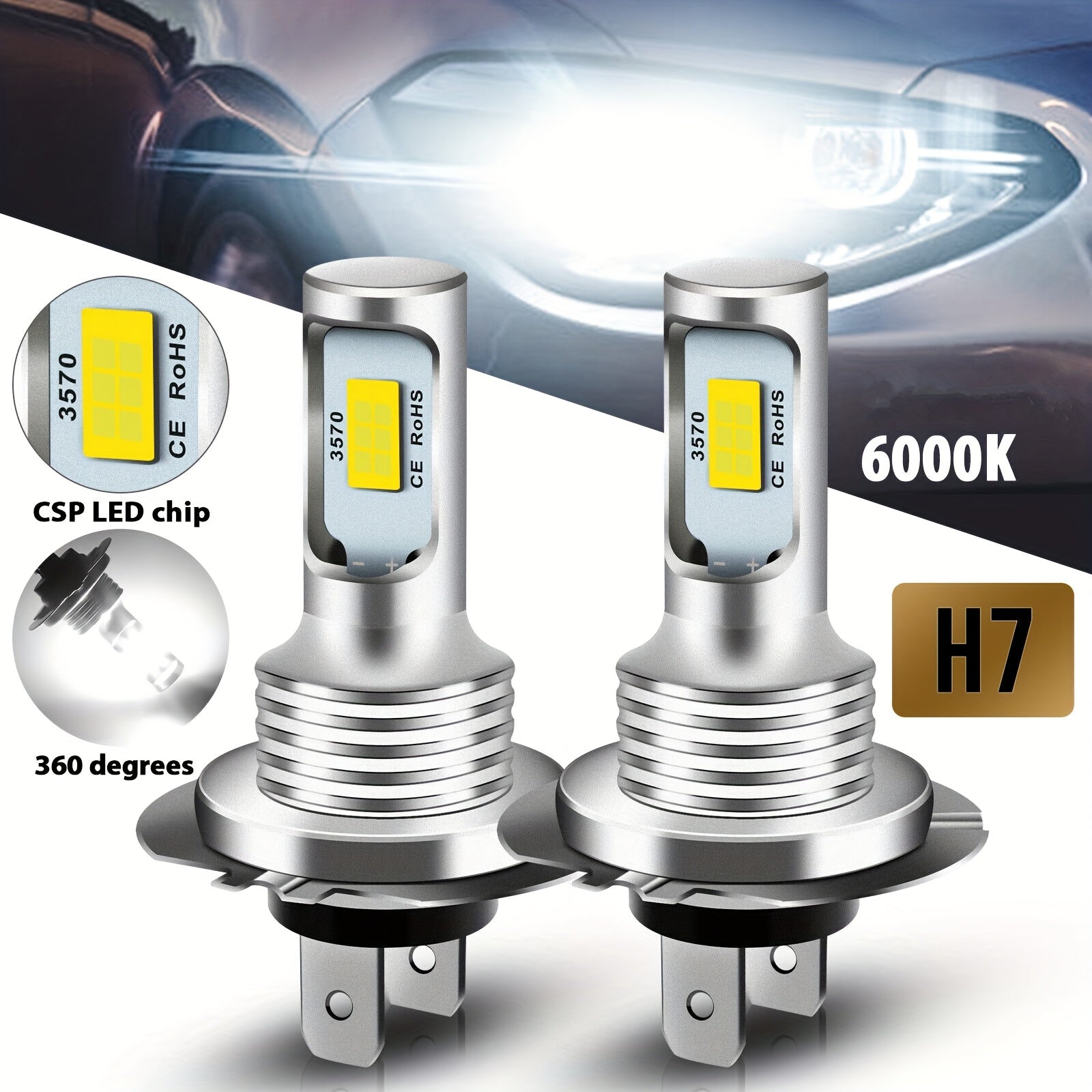 2 Pack H7 LED Headlight Bulbs White 6000K for Car Truck Motorcycle