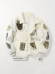 Men's Striped Loose Fit Jacket with Embroidery Pockets Lapel for Fall Winter Outdoor Wear