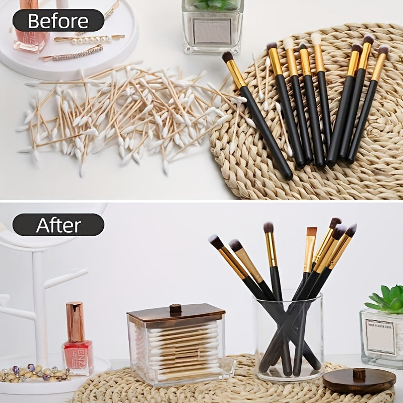 Bathroom Storage Container Set with Brown Wood Lids for 7oz or 10oz Swabs and Cotton Balls