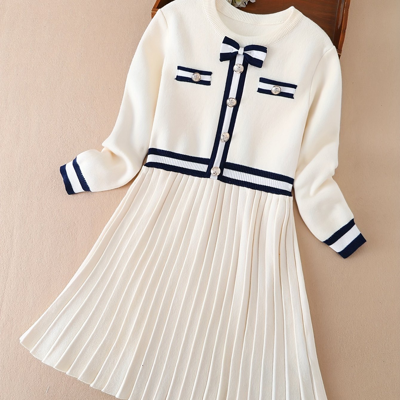 Girls' Long Sleeve Pleated A-Line Dress with Navy Accents Cotton Nylon for Spring Fall