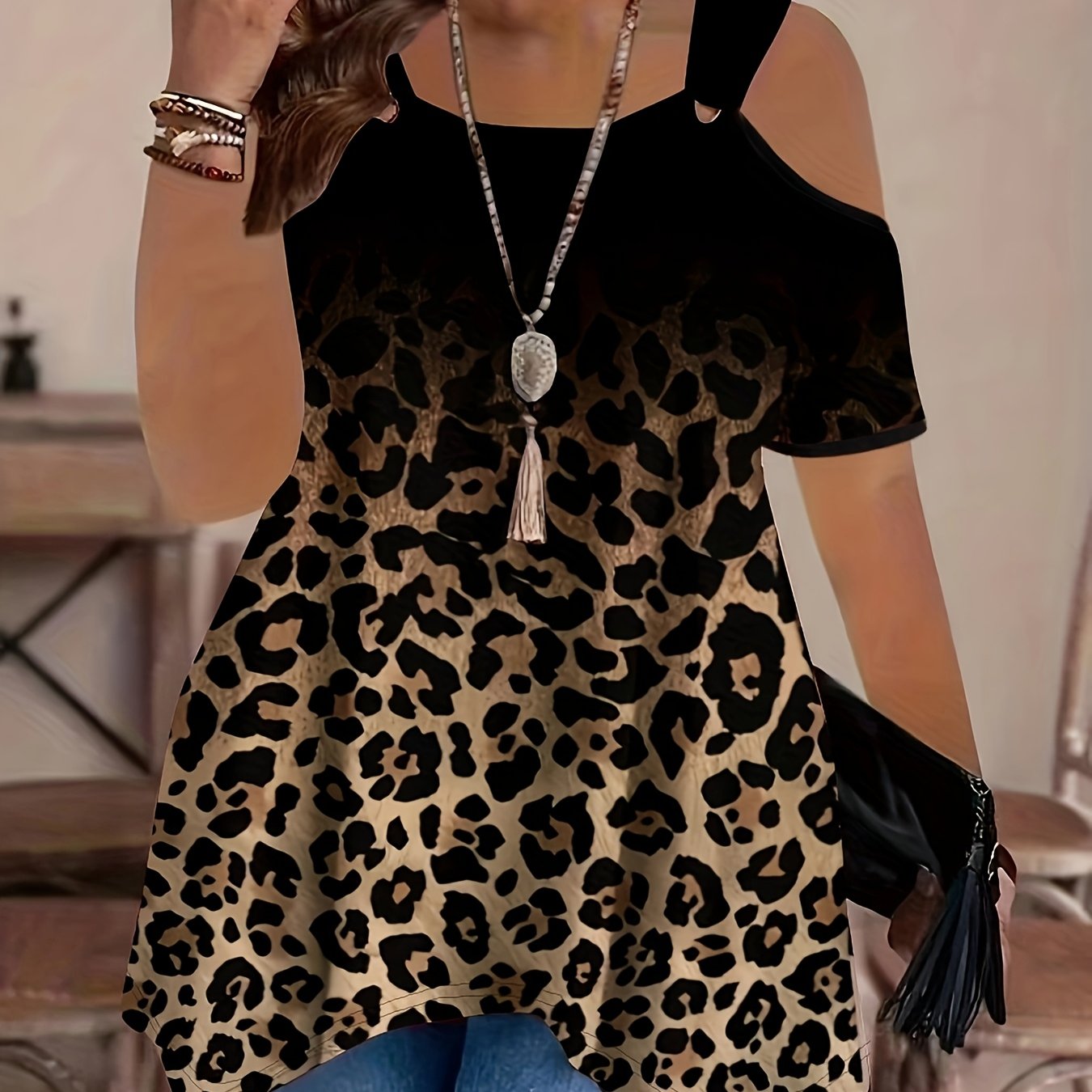 Women’s Off-Shoulder Short Sleeve Top Gradient Purple Black Leopard Print