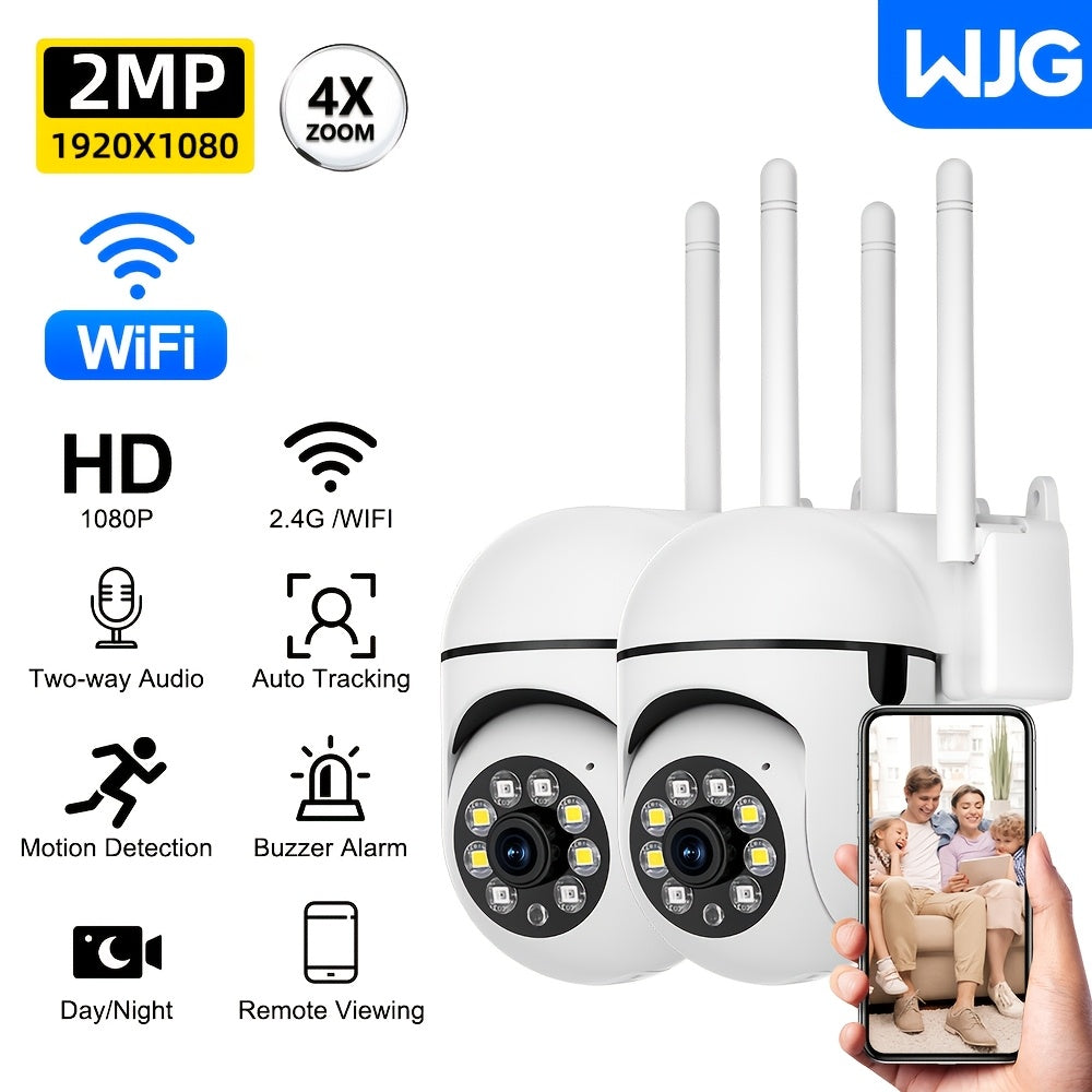 Ikki oq 1080P HD xavfsizlik kamerasi, ikki diapazonli WiFi, avtomatik kuzatuv va rangli tungi ko'rish xususiyatlari bilan - uy xavfsizligi uchun aqlli ichki/tashqi kuzatuv tizimi