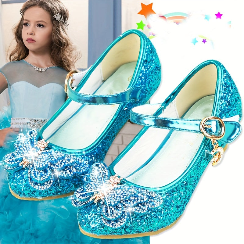 Girls High Heels Pink Rhinestone Bowknot Formal Shoes for Weddings and Events