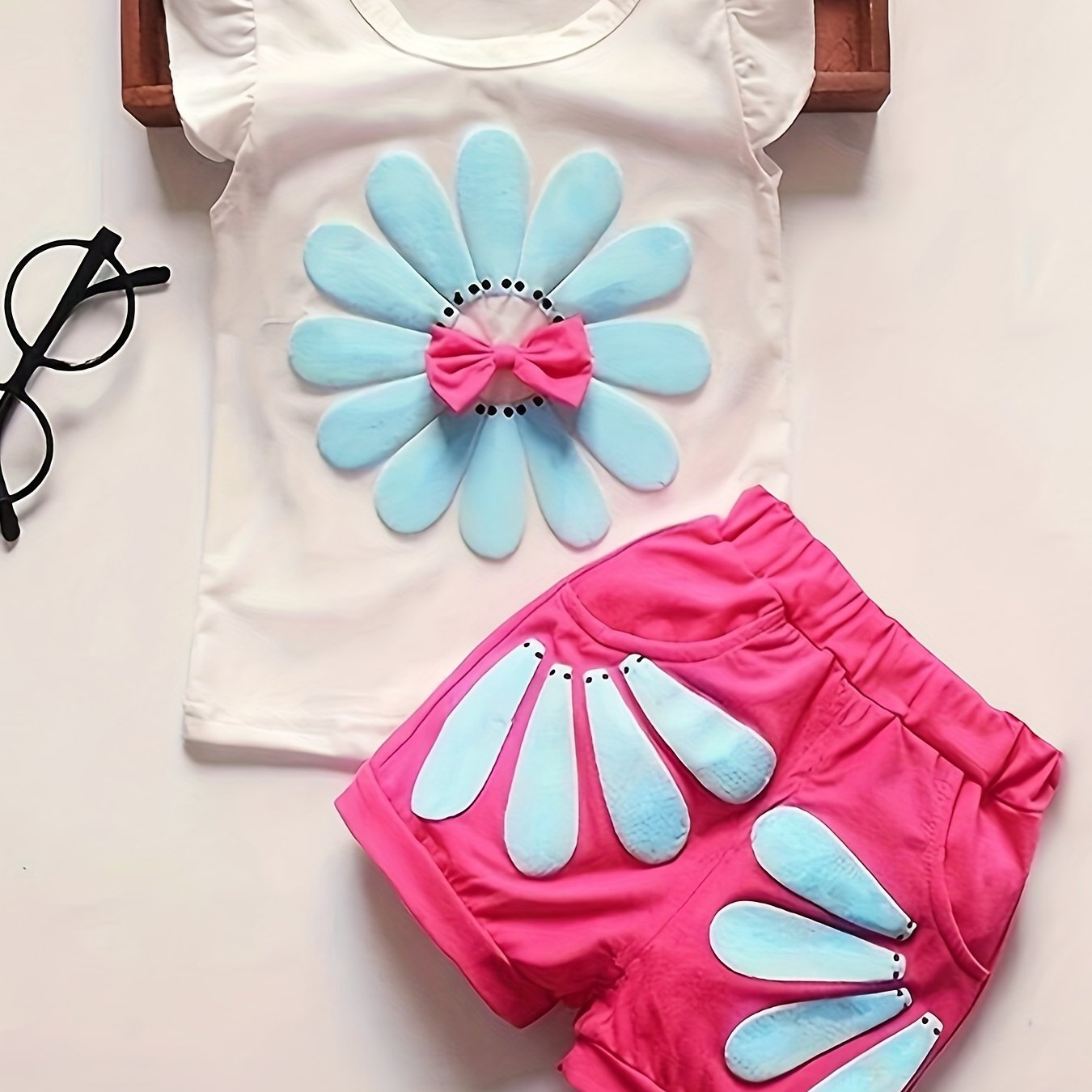 Girls Summer Two-Piece Set Cotton Sunflower Print Top and Shorts Casual Outdoor Wear