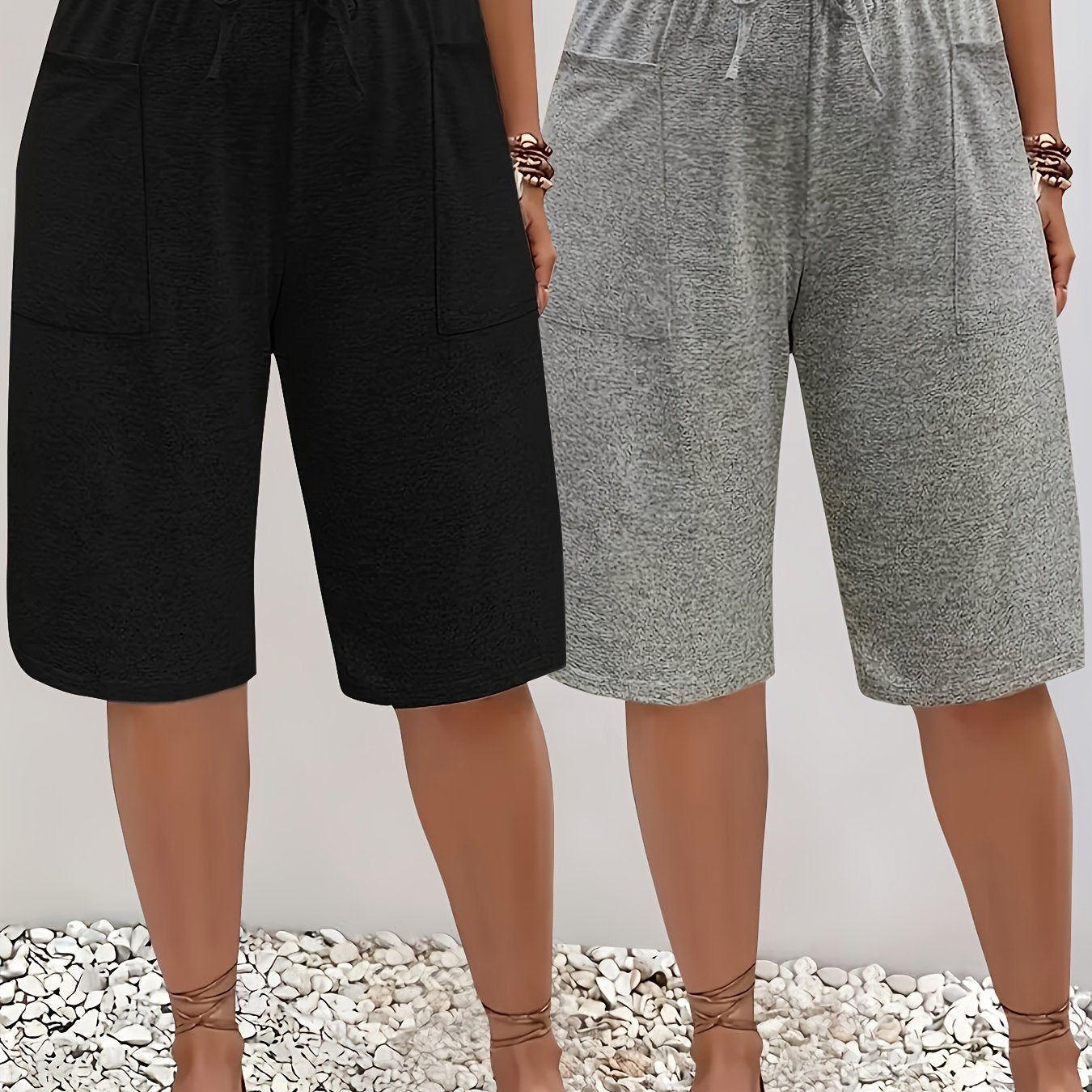 Pantalones casual de talla grande para mujer hasta el muslo con bolsillos, pack de 2, negro y gris