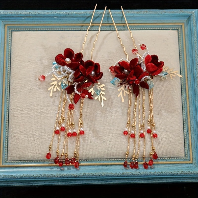 Ayollar uchun Qizil Velur Beadli Gul Sochlari va Tassel
