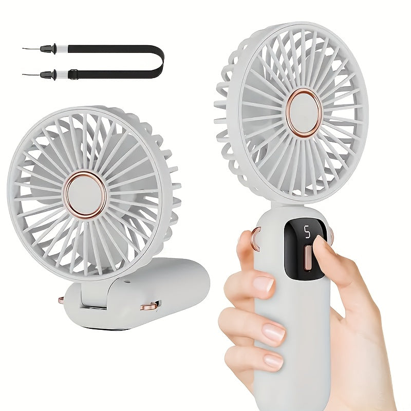 White and Rose Gold Mini Fan with Neck Strap, USB Rechargeable, Portable