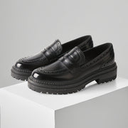 Women's Microfiber Leather Penny Loafers Thick Sole Coarse Heel Black