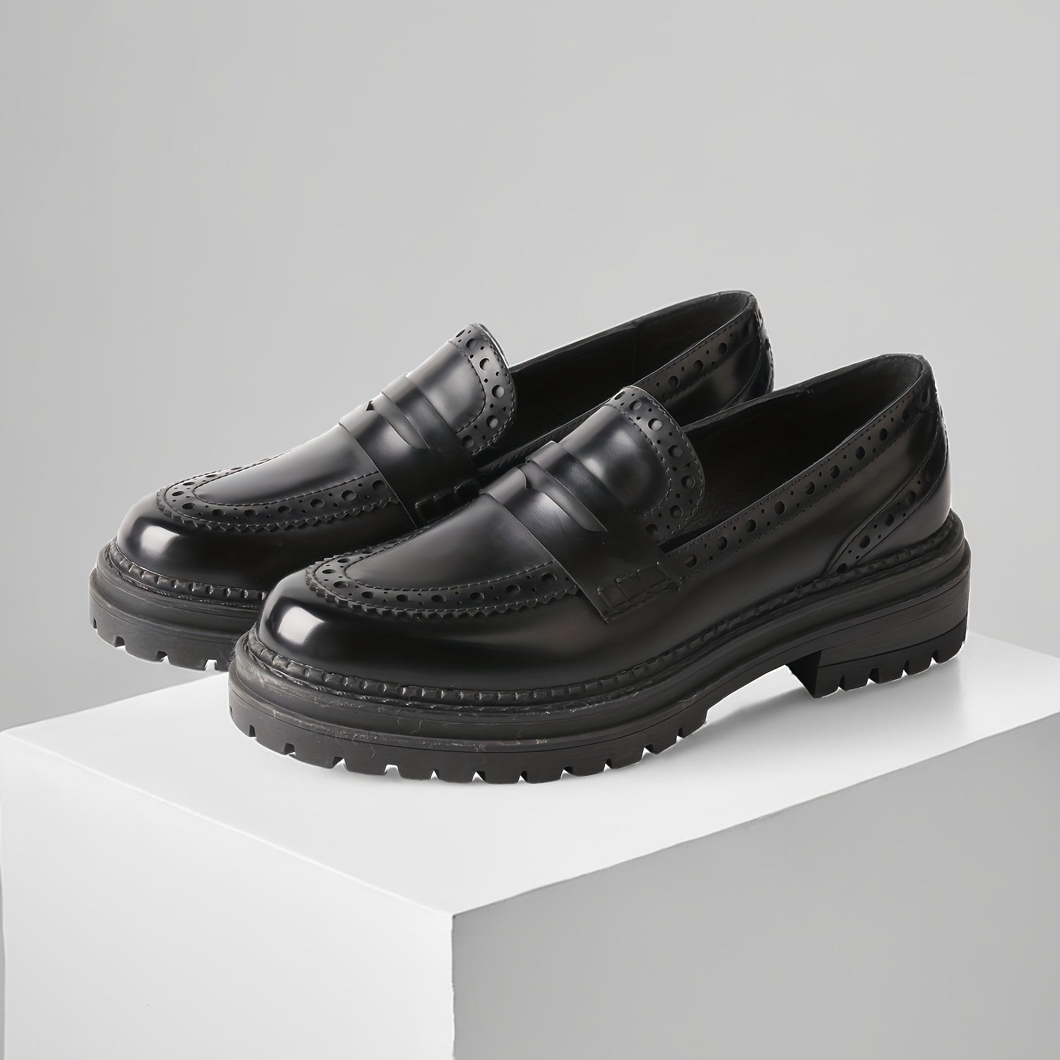 Women's Microfiber Leather Penny Loafers Thick Sole Coarse Heel Black