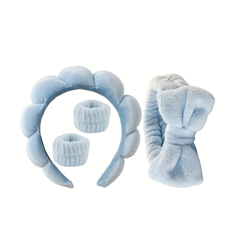 Set of 4 Women's Skincare and Hair Accessories Including Bow Headband Spa Head Hoop and Wristbands