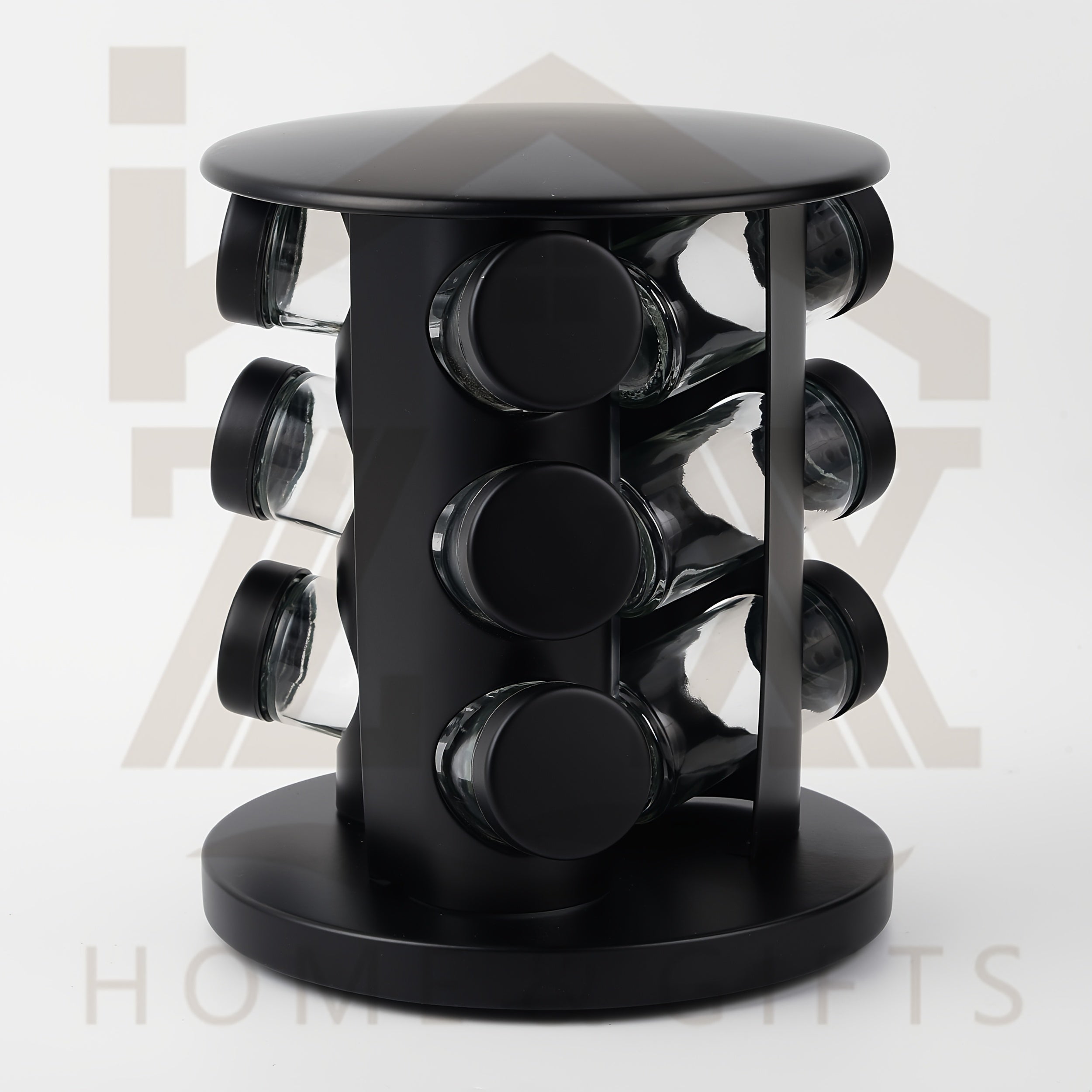 Golden Rotating Spice Jar Set with 9 Glass Jars and Revolving Storage Rack