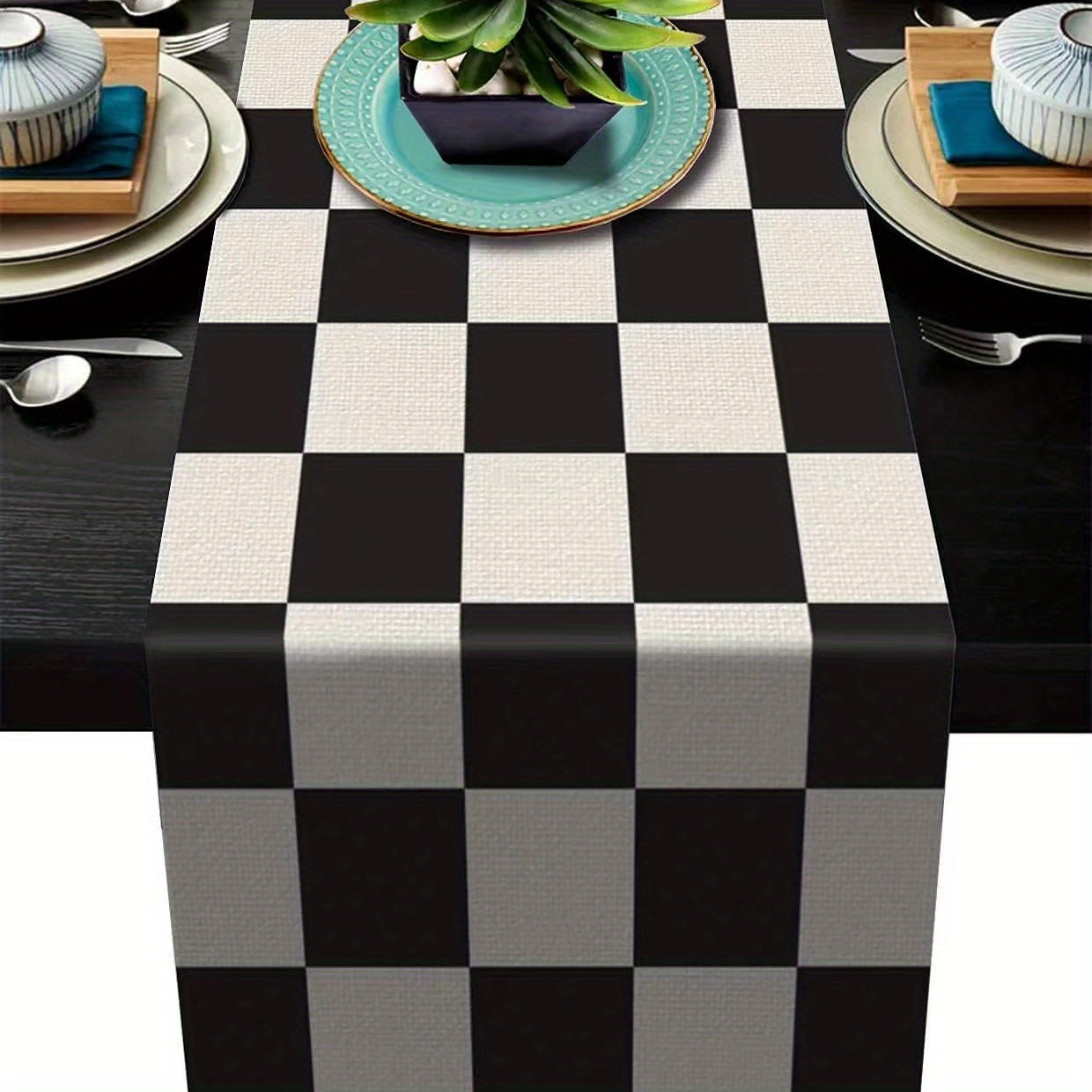 Geometric Stripe Linen Table Runner Black and White for Home Decor and Dining