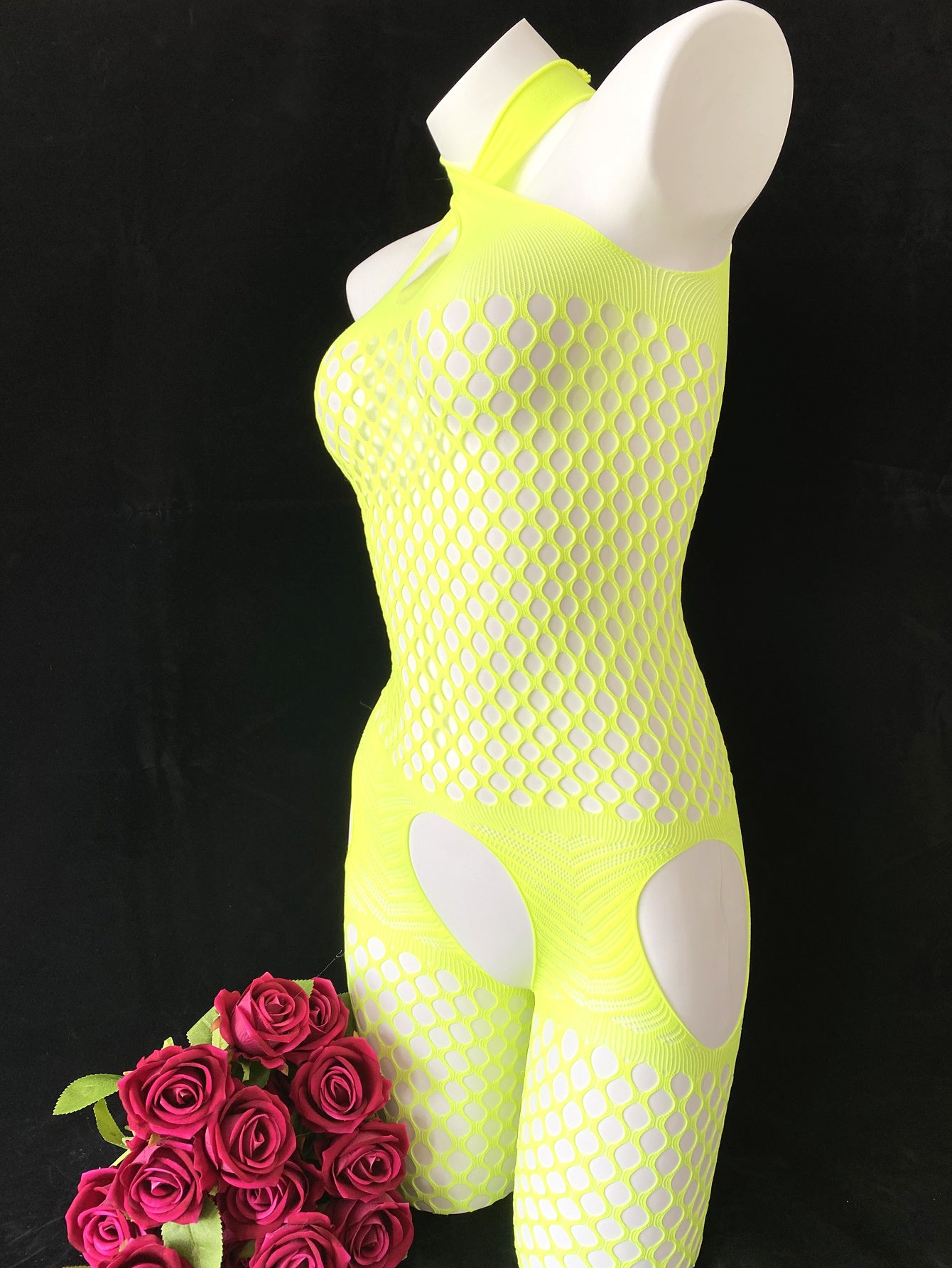 Women's Fishnet Halter Neck Bodysuit with Open Crotch and See-Through Knit Fabric