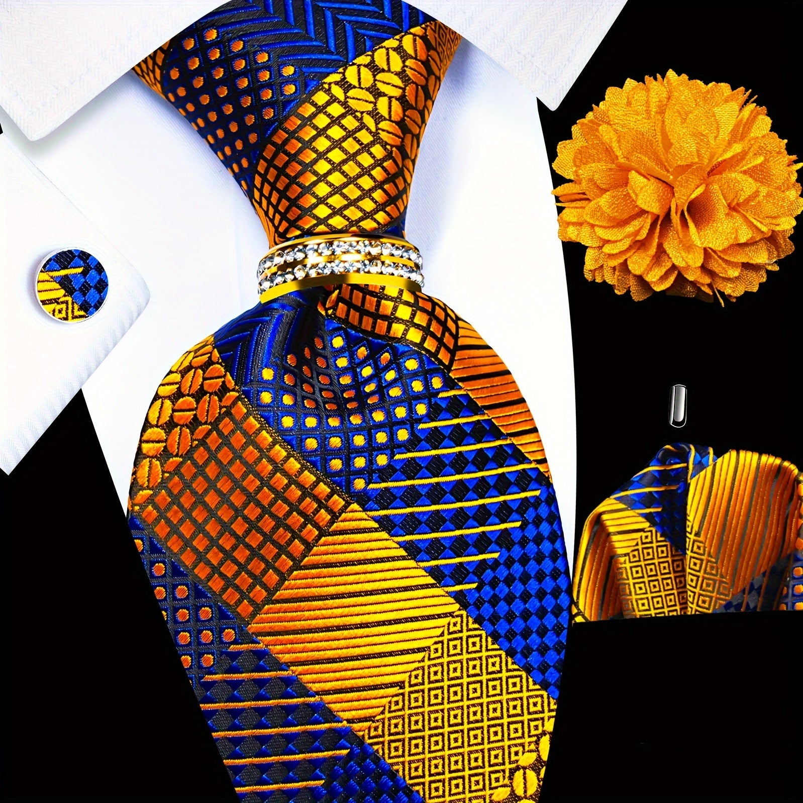 Men's Accessories Set Tie Pocket Square Cufflinks Lapel Pin Tie Ring for Wedding Groom