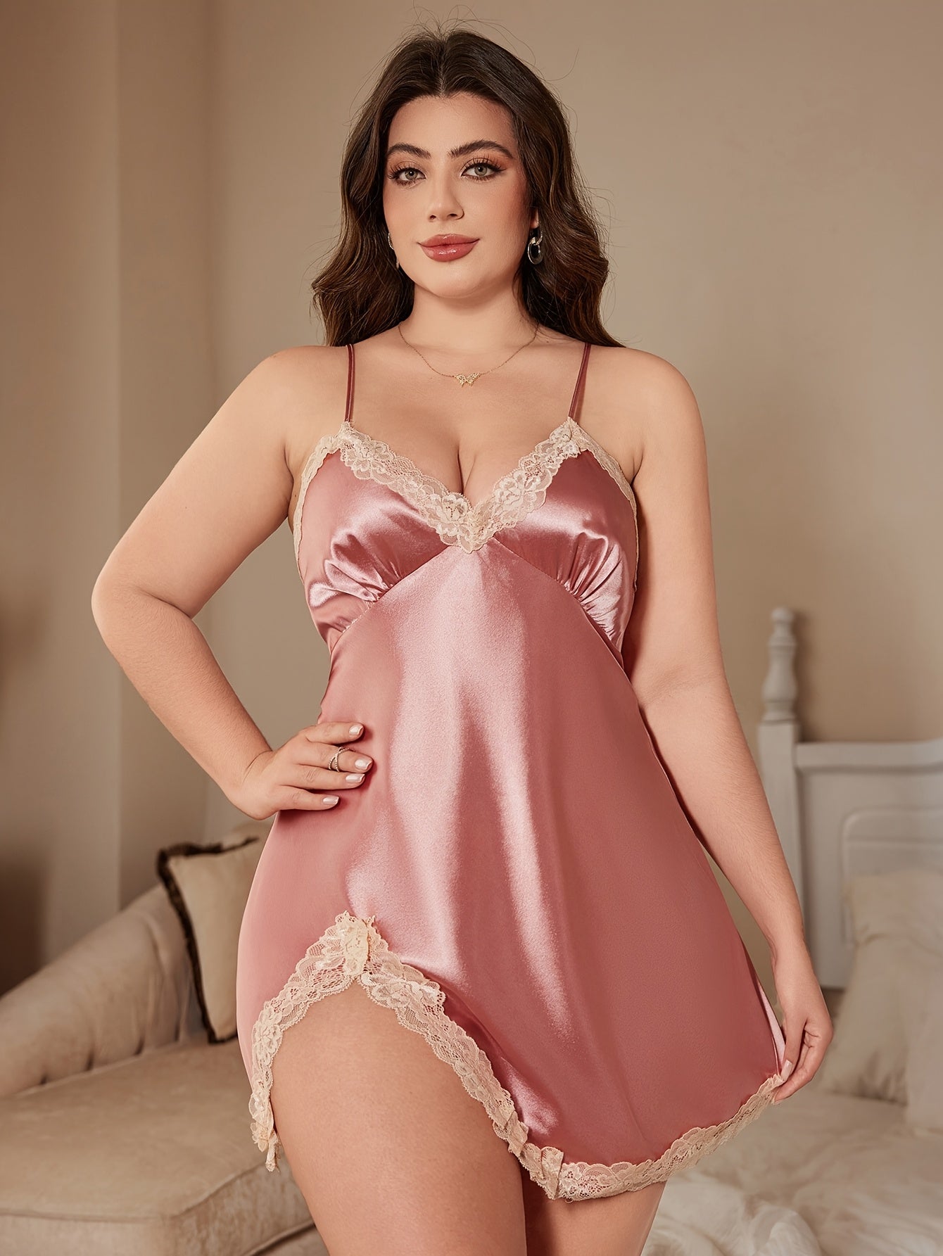 Plus Size Women's Polyester Nightgown V-Neck Lace Sleepwear Sleep Shirt