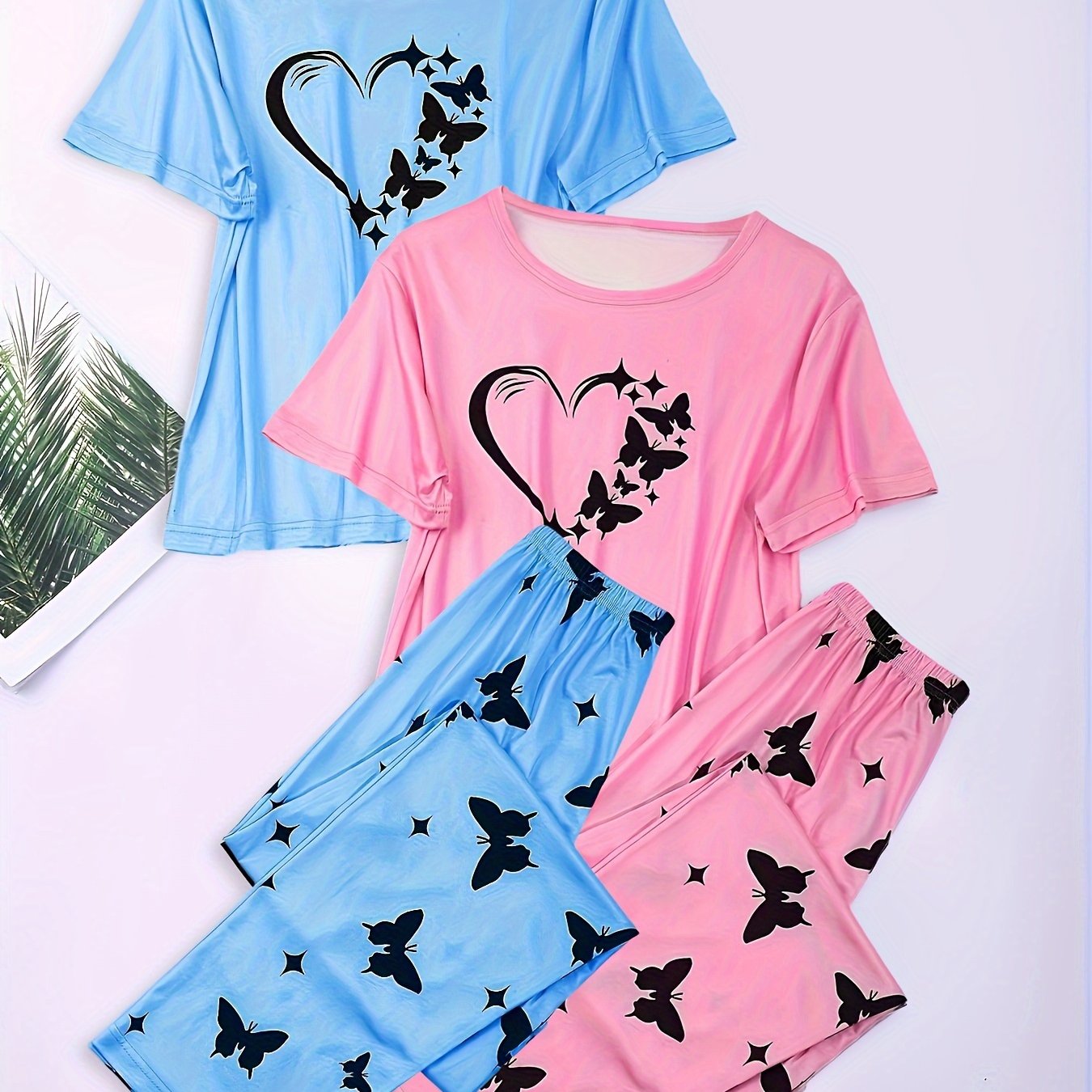 Women Cotton Floral Pajama Set Short Sleeve Long Pants Homewear