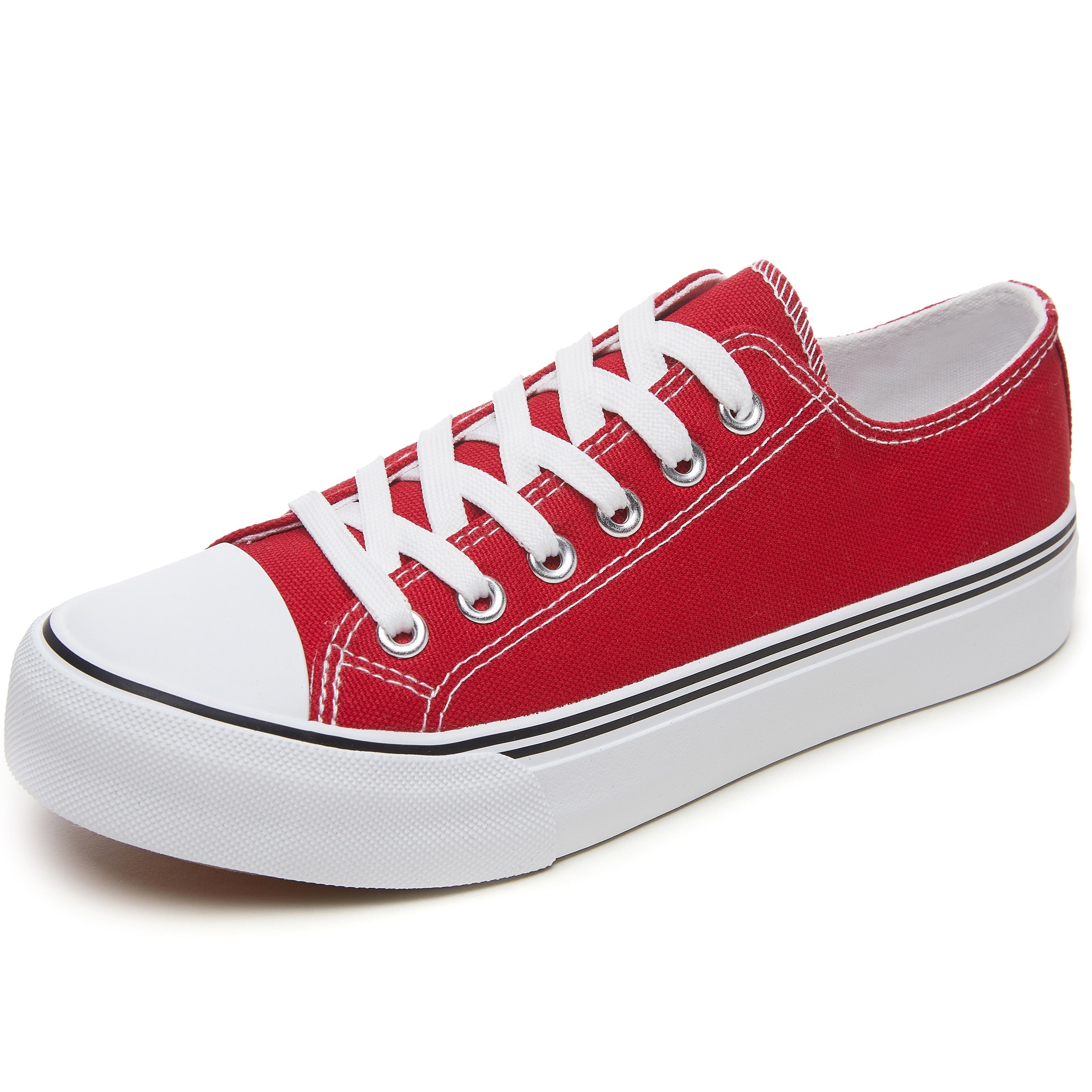 Women's Black and White Low Top Lace-Up Sneakers with Rubber Sole and Fabric Upper