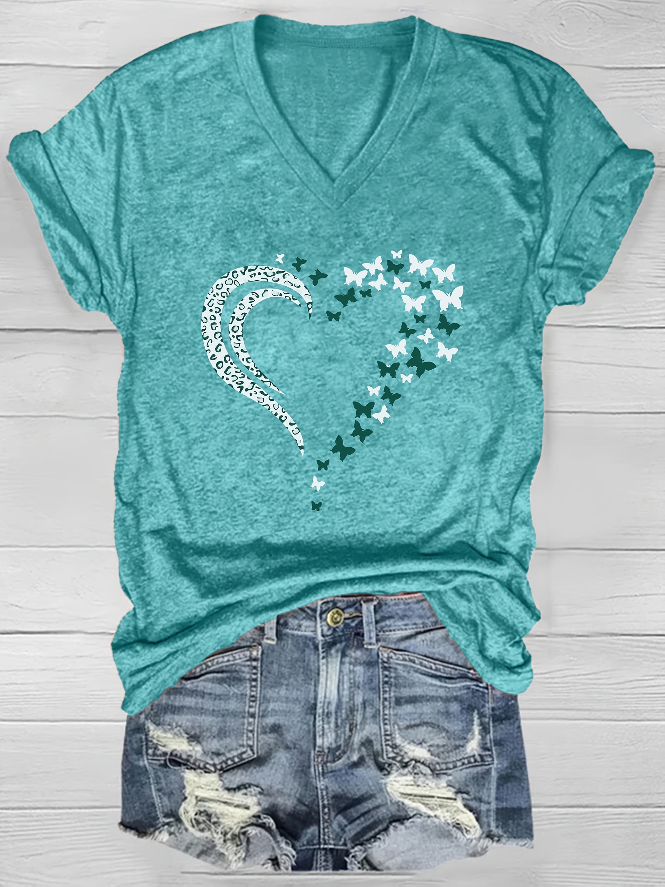 Women's V-Neck Short Sleeve T-Shirt Teal Polyester Blend Casual Summer Top