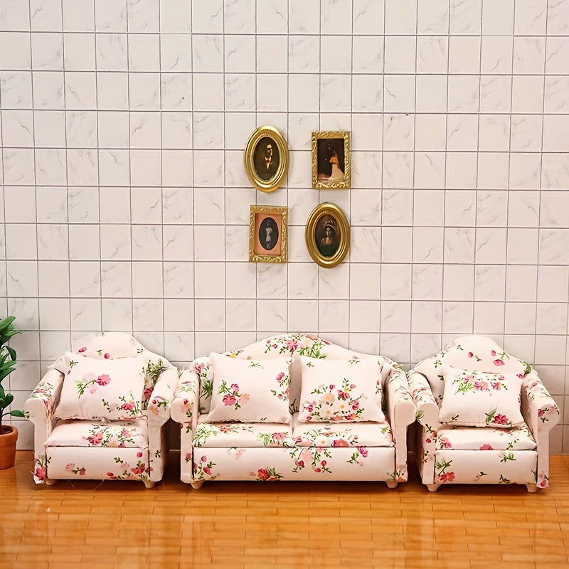 Mobiliario en miniatura para casas de muñecas, sofá individual rosa con flores verdes y racimo, con cojín