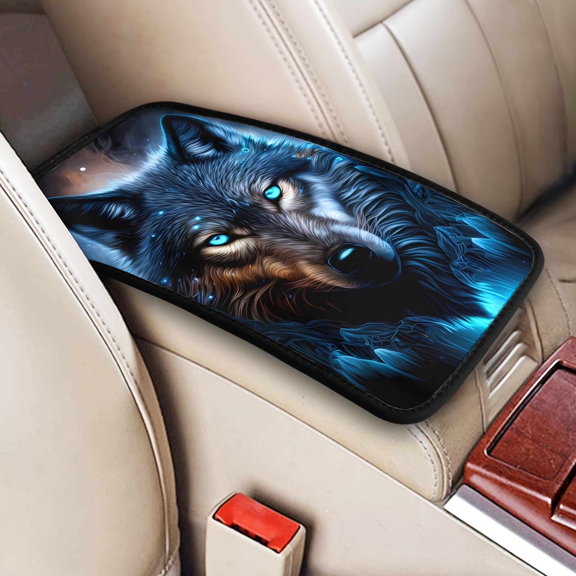 Car Interior Accessories Blue Wolf Pattern Center Console Cover Armrest Mat