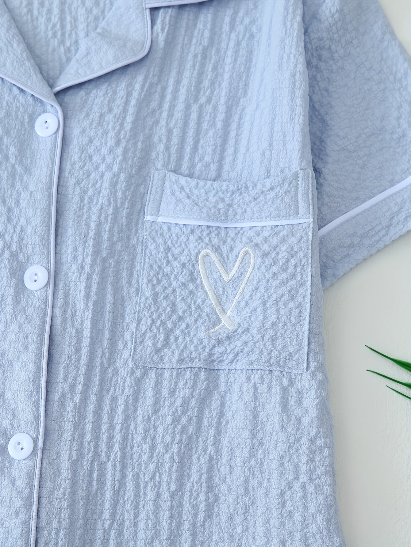 Women's Light Blue Heart Embroidery Pajama Set Short Sleeve Top and Shorts Sleepwear