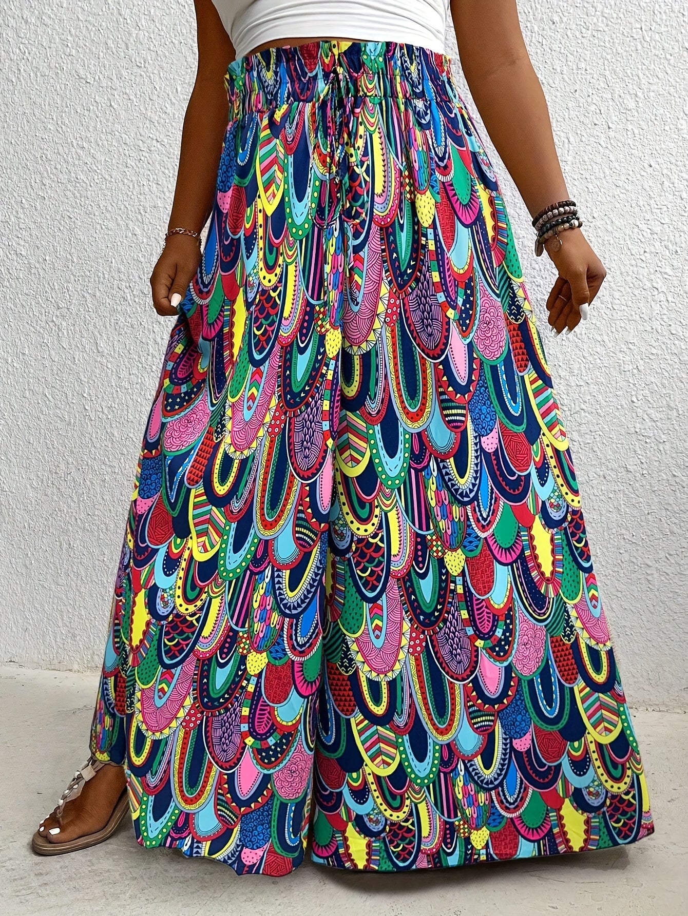 Women's Wide-Leg Beach Pants with Paisley Print Elastic Waist Casual