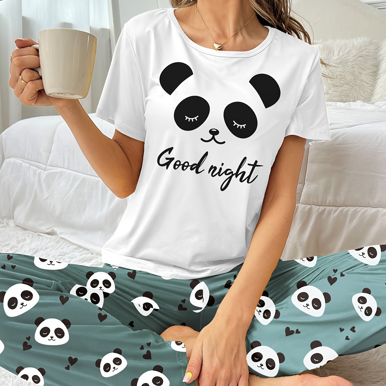 Women's Panda Print Pajama Set Short Sleeve Top Long Pants Casual Comfortable Polyester