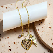 Heart-Shaped Photo Locket Necklace with Leopard Print December Birthstone Rhinestones Copper Gold