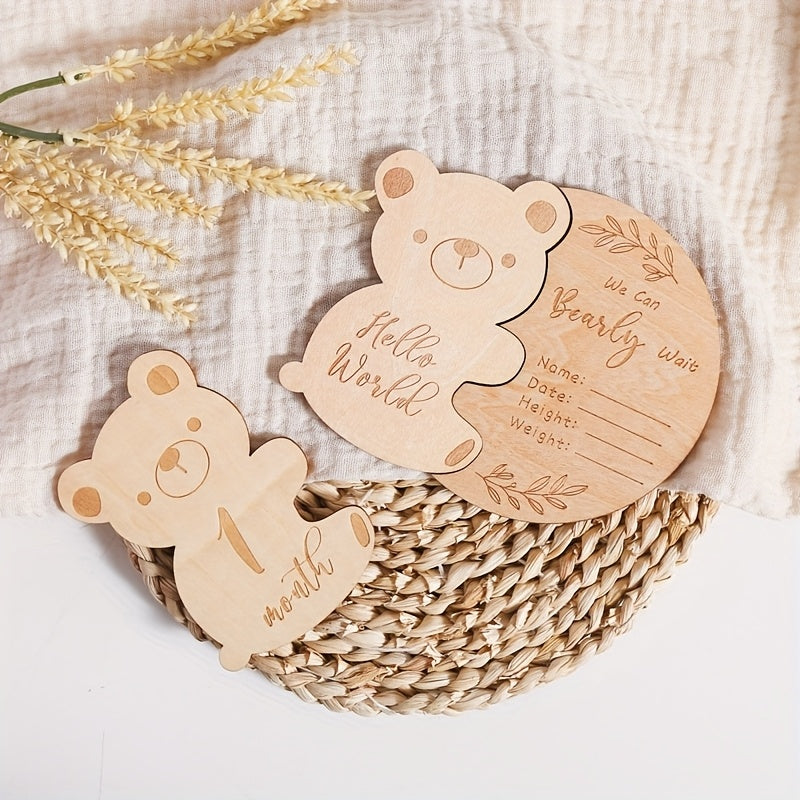 Baby Milestone Keepsake Wooden Teddy Bear Growth Record Card Set with Photo Props