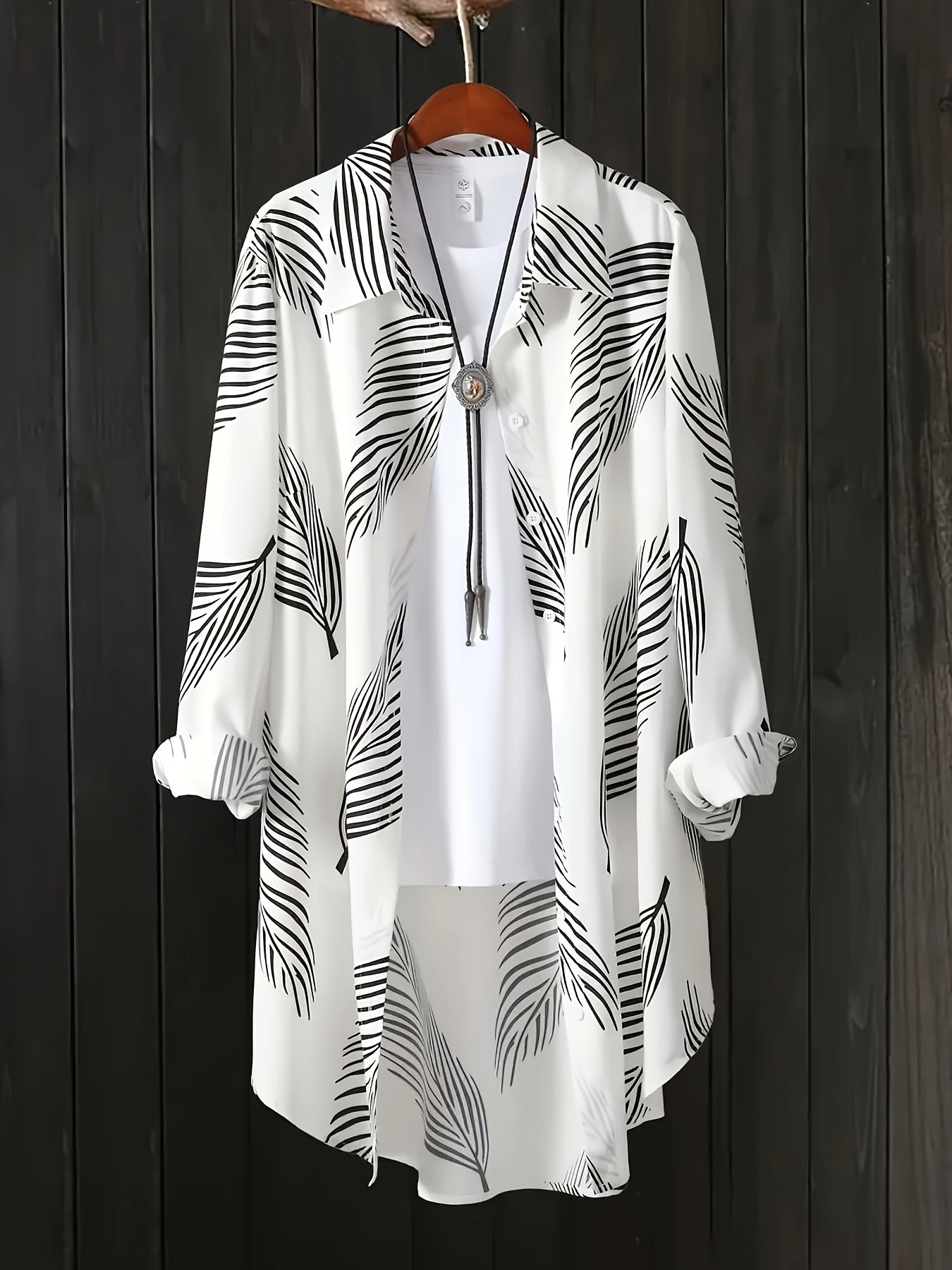 Women's Plus Size Printed Button-Up Shirt with High-Low Hem and Rolled Sleeves