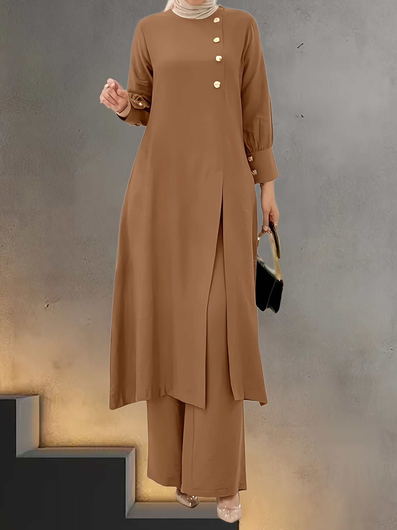 Women's Muslim Outfit Long Sleeve Button-Up Shirt Wide-Leg Pants Casual Wear Polyester