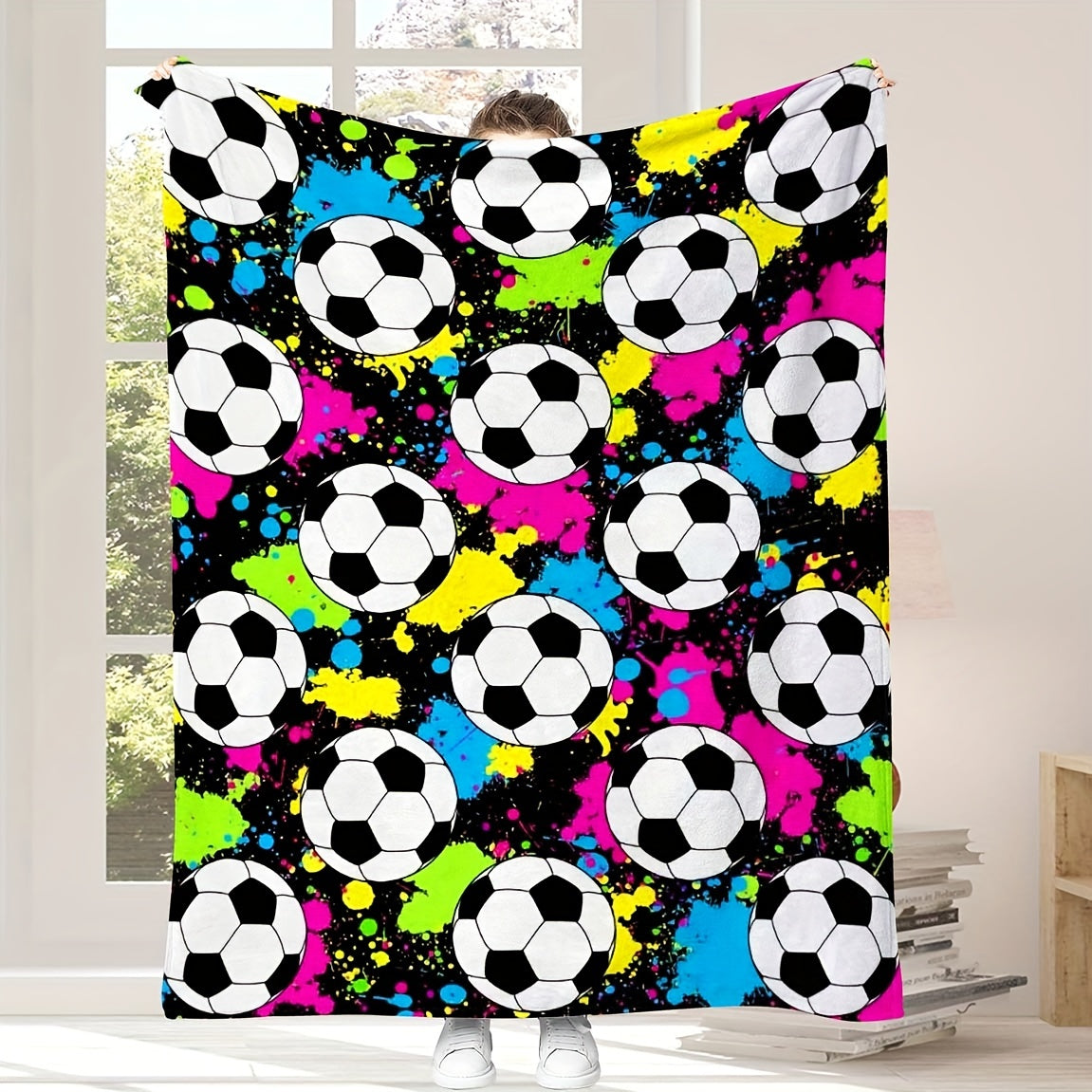 Reversible Flannel Fleece Blanket with Soccer Ball Print for Bed Sofa Use
