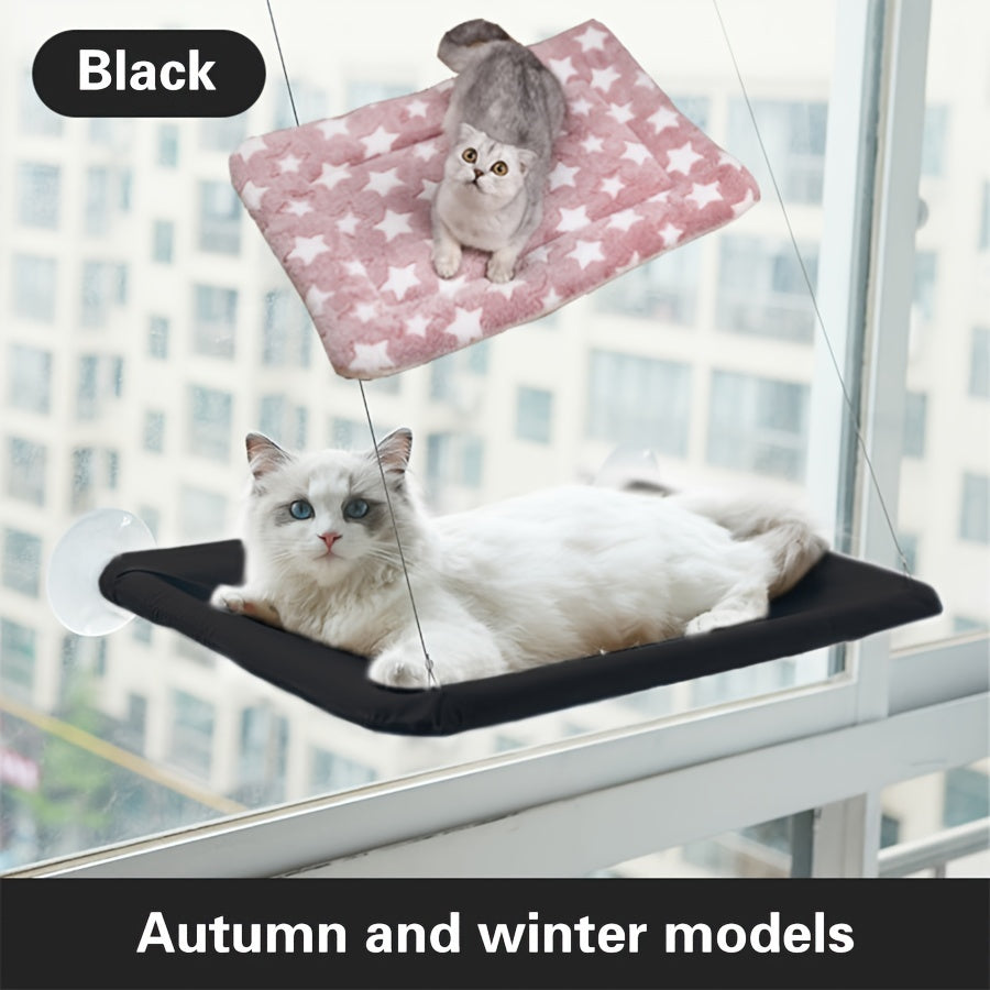 White and Gray Plaid Cat Hammock with Detachable Blanket and Secure Straps for Indoor and Balcony Use