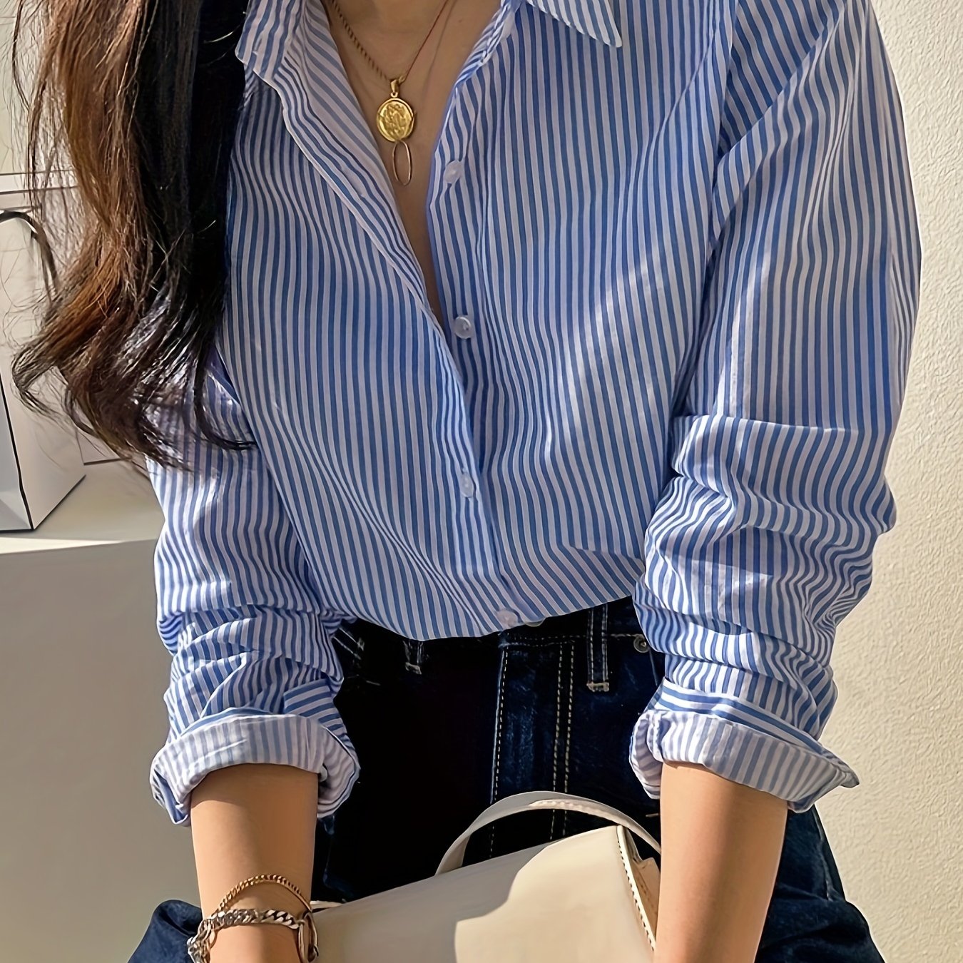 Women's Striped Button Front Long Sleeve Shirt for Spring and Fall