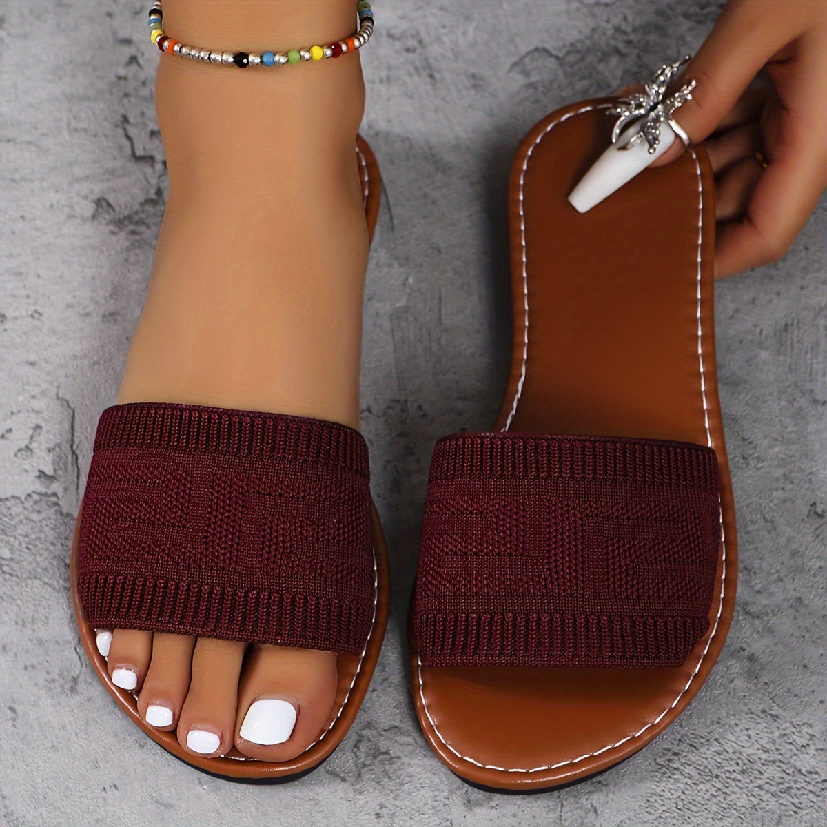 Women Plus Size Summer Knit Slide Sandals Open Toe Flat Heel Green