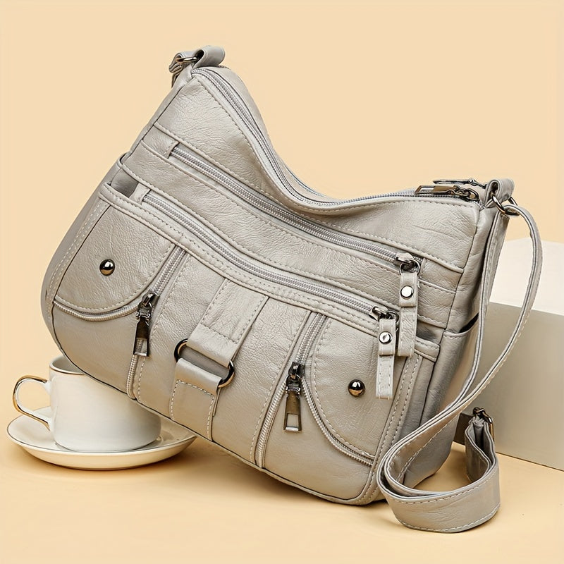 Women's Synthetic Leather Crossbody Bag with Anti-Theft Zipper and Adjustable Strap