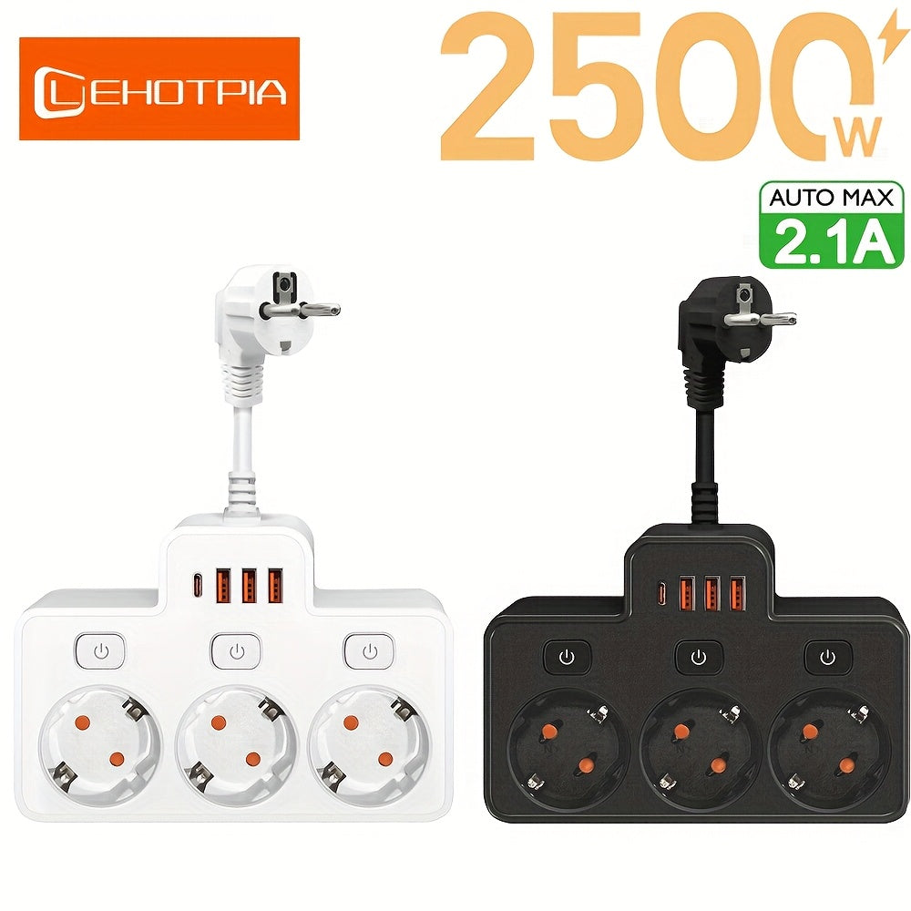 Wall-Mounted Power Strip with 3 AC Outlets and 4 USB Ports 2500W European Plug