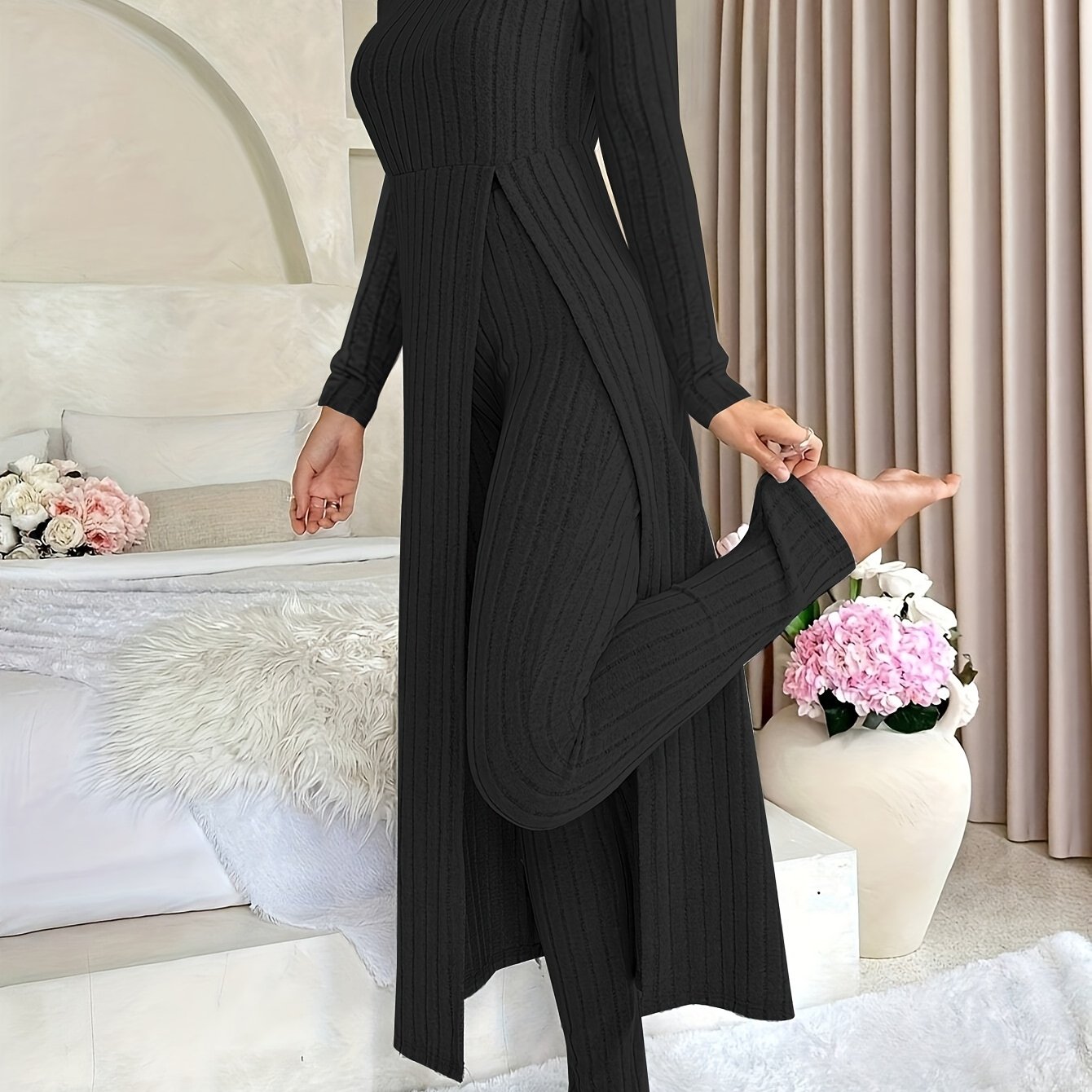 Women's Ribbed Long-Sleeved Top and Pants Set Polyester Solid Casual All-Season