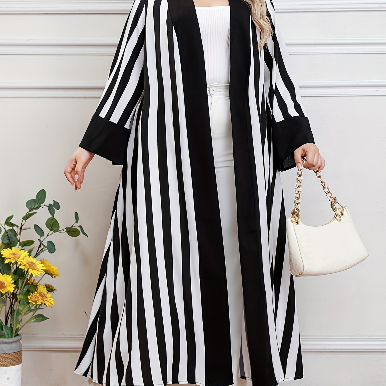 Plus Size Stripe Pattern Kaftan Coverup Long Sleeve Open Front Womens Clothing