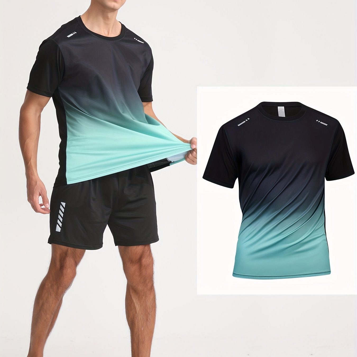 Men's Gradient Color Short Sleeve T-Shirt in Black to Blue Polyester Casual Summer