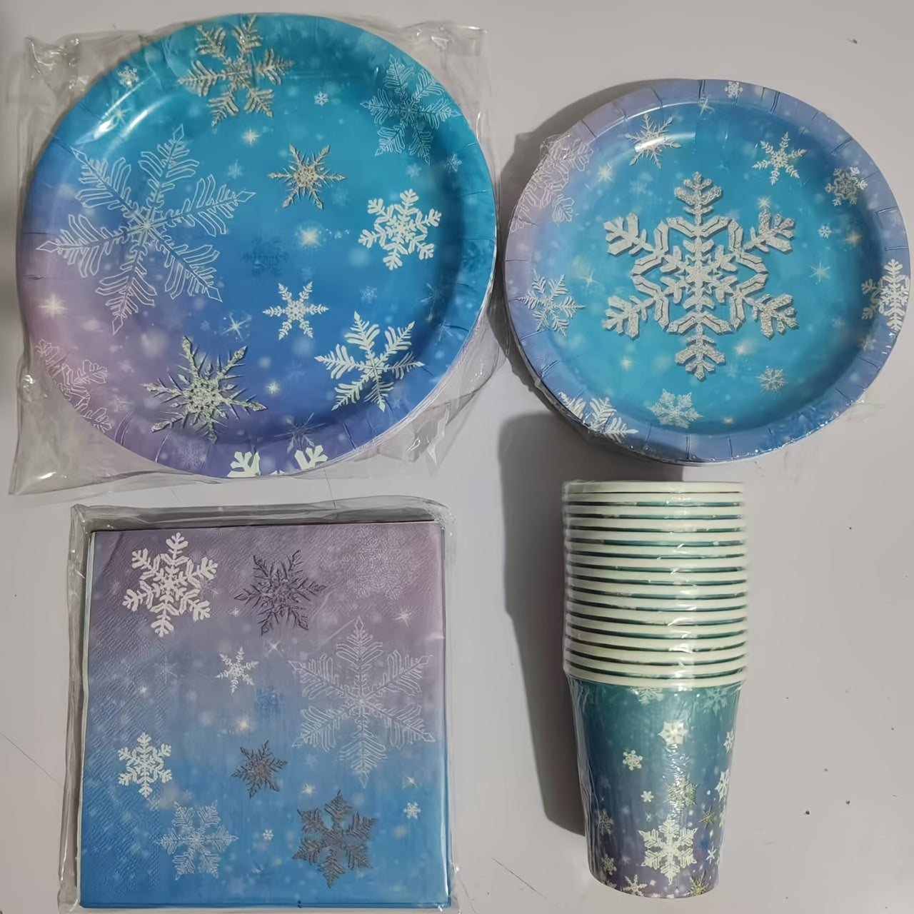 Winter Wonderland Party Supplies Set Blue Purple Snowflake Tableware Kit 68 Pieces