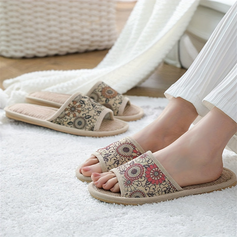 Women Flower Pattern Slippers Open Toe Linen Indoor Shoes